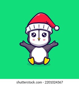 Cute penguin Christmas vector icon illustration