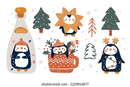 Cute penguin Christmas Vector illustration. Festive animals with holiday decoration. Funny penguins Хmas collection in cartoon style. 