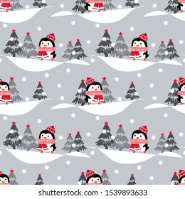 Cute penguin in Christmas winter seamless pattern.