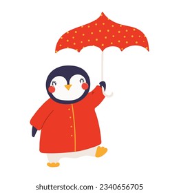 Cute penguin coat holding umbrella character illustration. Hand drawn animal, Scandinavian style flat design, isolated vector. Kids autumn, fall print, element, seasonal activity