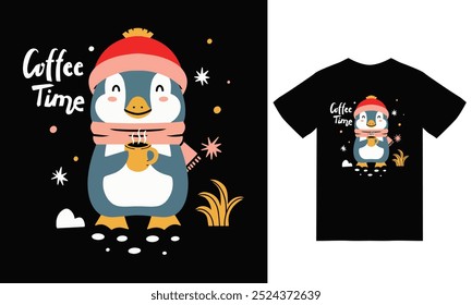 Cute penguin coffee time illustration with tshirt design vector the Concept of Isolated Technology. Flat Cartoon Style Suitable for Landing Web Pages,T shirt, Flyers, Stickers