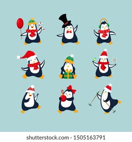 Cute penguin collection for Christmas and New Year design. Set penguins with scarves, hats, balloon, ice-cream, headphones, gift, christmas ball