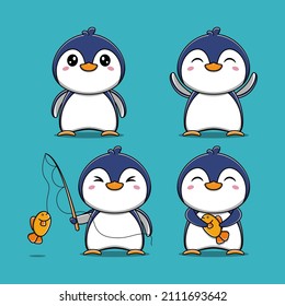 Cute penguin collection with fishing rod illustration