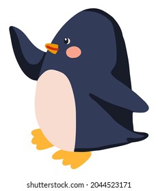 Cute penguin. Colored cartoon doodle of winter wild animal. Hand drawn vector illustration. Single bird drawing isolated on white. Element for Christmas design, print, sticker, card, decor.