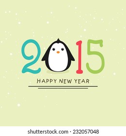 Pingüino lindo con colorido texto 2015 sobre brillantes antecedentes verdes para las celebraciones de Año Nuevo Feliz.