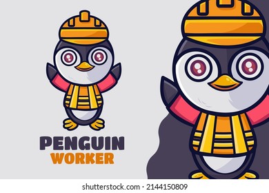 Cute Penguin Construction Worker Cartoon Character