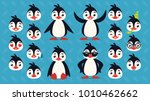 Cute penguin constructor. Vector illustration of arctic bird in different poses and it's head shows emotions. Smiley. Print, chat, communication. Penguin in flat cartoon style on blue background.