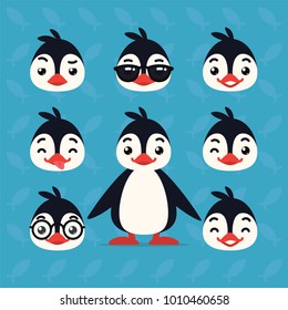 Cute Penguin constructor. Vector illustration of arctic bird standing and it's head shows different emotions in flat cartoon style on blue background. Element for your design. Penguin emoticon set.