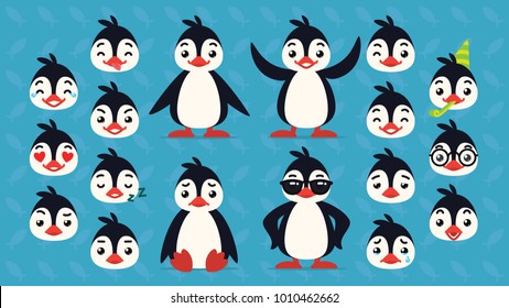 Cute penguin constructor. Vector illustration of arctic bird in different poses and it's head shows emotions. Smiley. Print, chat, communication. Penguin in flat cartoon style on blue background.