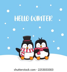 Cute penguin couple greeting hello winter cartoon doodle card background illustration flat cartoon style