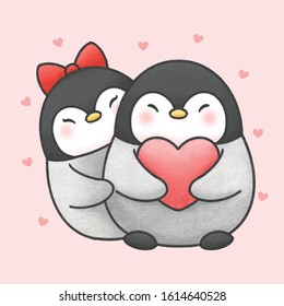 Cute penguin couple hand drawn cartoon animal character. Hand drawing vector. Cartoon character design.