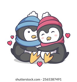 cute penguin couple hugging each other