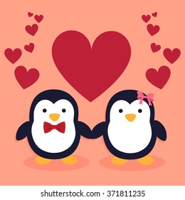 Cute Penguin Couple. Male penguin and female penguin holding hands in red heart pink background.