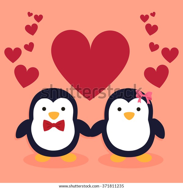 かわいいペンギンのカップル 赤いハートピンクの背景に手を持つ 雄のペンギンと雌のペンギン のベクター画像素材 ロイヤリティフリー
