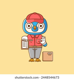 Lindo pingüino mensajero paquete entrega animal chibi personaje mascota icono línea plana estilo de arte ilustración concepto conjunto de dibujos animados