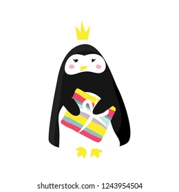Cute penguin with crown holding present box. Vector childish illustration for t-shirt, poster, card, cloth.