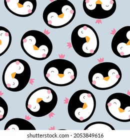 Pingüino lindo en una corona. Patrón sin brillo sobre un fondo azul en estilo escandinavo. Ilustración infantil. Para aplicación en tela y papel, decoración interior, diseño de ropa infantil.