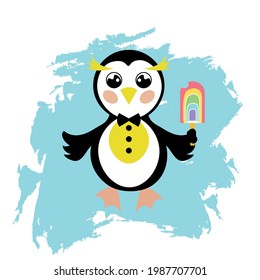 A cute penguin cub holds multicolored ice cream in the shape of a rainbow in its paw. Children's illustration, wallpaper for the room, print for children's clothing