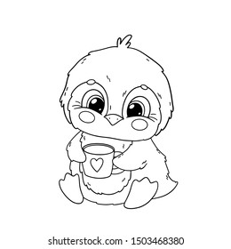 Cute penguin with cup of coffee. Christmas coloring book page