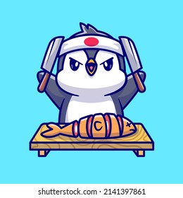 Cute Penguin Cutting Salmon Fish With Knife Cartoon Vector Icon Illustration. Animal Food Icon Concept Isolated Premium Vector. Flat Cartoon Style