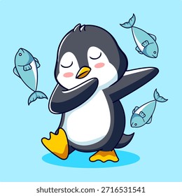 Bonito pinguim pincelando com peixe vetor ilustração desenhos animados Kawaii