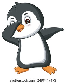 Cute penguin dabbing with orange feet and a happy expression. Suitable for children books, winter themed designs, and greeting cards. Vector illustration