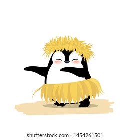 Cute penguin dancing hawaiian hula in yellow grass wreath and skirt. Summer vector illustration isolated on white background.