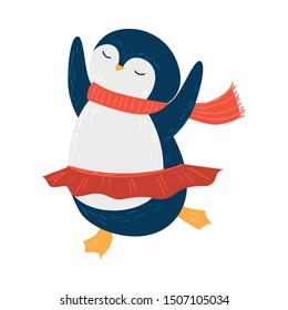 Cute penguin dancing. Raster illustration in flat cartoon style