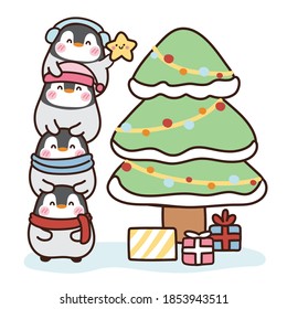 Cute penguin with decorated christmas tree with gift boxes, star, lights.Animals character design.Merry christmas.Winter season.Vector.Illustration