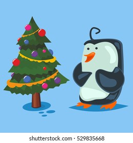 Cute Penguin with a decorated Christmas tree. Vector cartoon illustration.