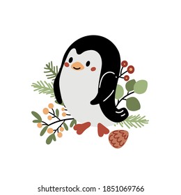 Cute penguin decorated with plants in cartoon style isolated on white background. Vector kids winter character.
