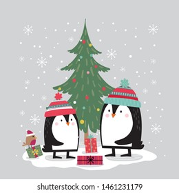 Cute Penguin decorating Christmas tree, Christmas card with cute character, vector illustration design