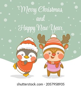 cute penguin and deer with christmas and new year greeting banner.
