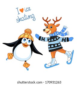 Cute penguin and deer Ice Skating. Vector illustration.