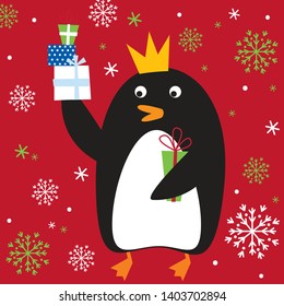 Cute penguin design, Christmas character with  snowing  background