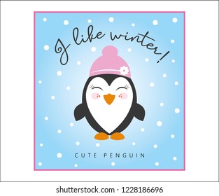 Cute penguin design with decorative handwritten "I like winter" text