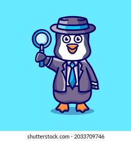 cute penguin detective carrying a magnifying glass