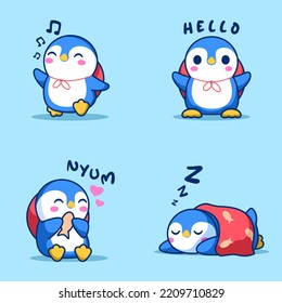 cute penguin in different activities: singing, sleeping, eating and greeting. Mascot design illustration. Vector design character set