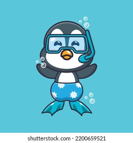 Cute penguin diving cartoon mascot character illustration.