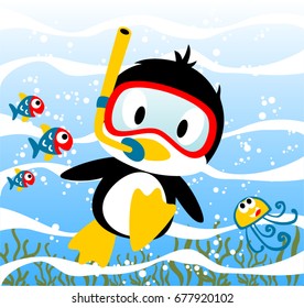 Cute penguin diving with marine animals undersea, vector cartoon illustration