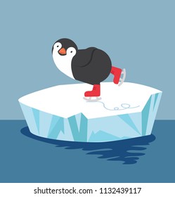 Cute penguin  doing ice skating on ice floe