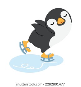 Cute penguin  doing ice skating cartoon flat