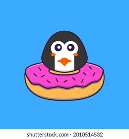 Cute penguin with a donut on his neck. Animal cartoon concept isolated. Can used for t-shirt, greeting card, invitation card or mascot.