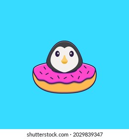 Cute penguin with a donut on his neck. Animal cartoon concept isolated. Can used for t-shirt, greeting card, invitation card or mascot.