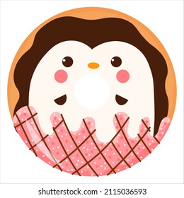 Cute penguin donut with pink icing with chocolate, tasty sweets for kids in cartoon childish style