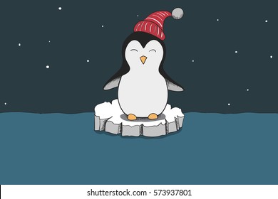 cute penguin dressed in red hat traveling on ice floe.Cartoon childish vector illustration.