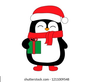 Cute penguin dressed as Santa with a gift.