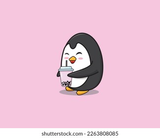 Cute Penguin Drink Boba Vector Design