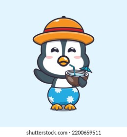 Cute penguin drink coconut cartoon illustration.