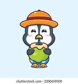 Cute penguin drink fresh coconut cartoon illustration.